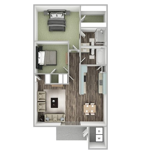 Floor plan for 2 beds, 2 baths, 940 sqft
